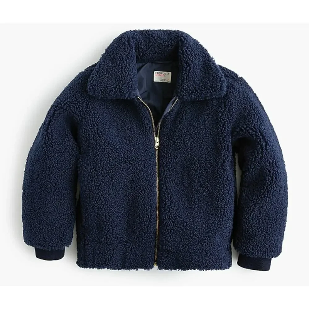 J Crew Crewcuts Unisex Navy Collared Sherpa Fleece Bomber Jacket Kids Sz 8
